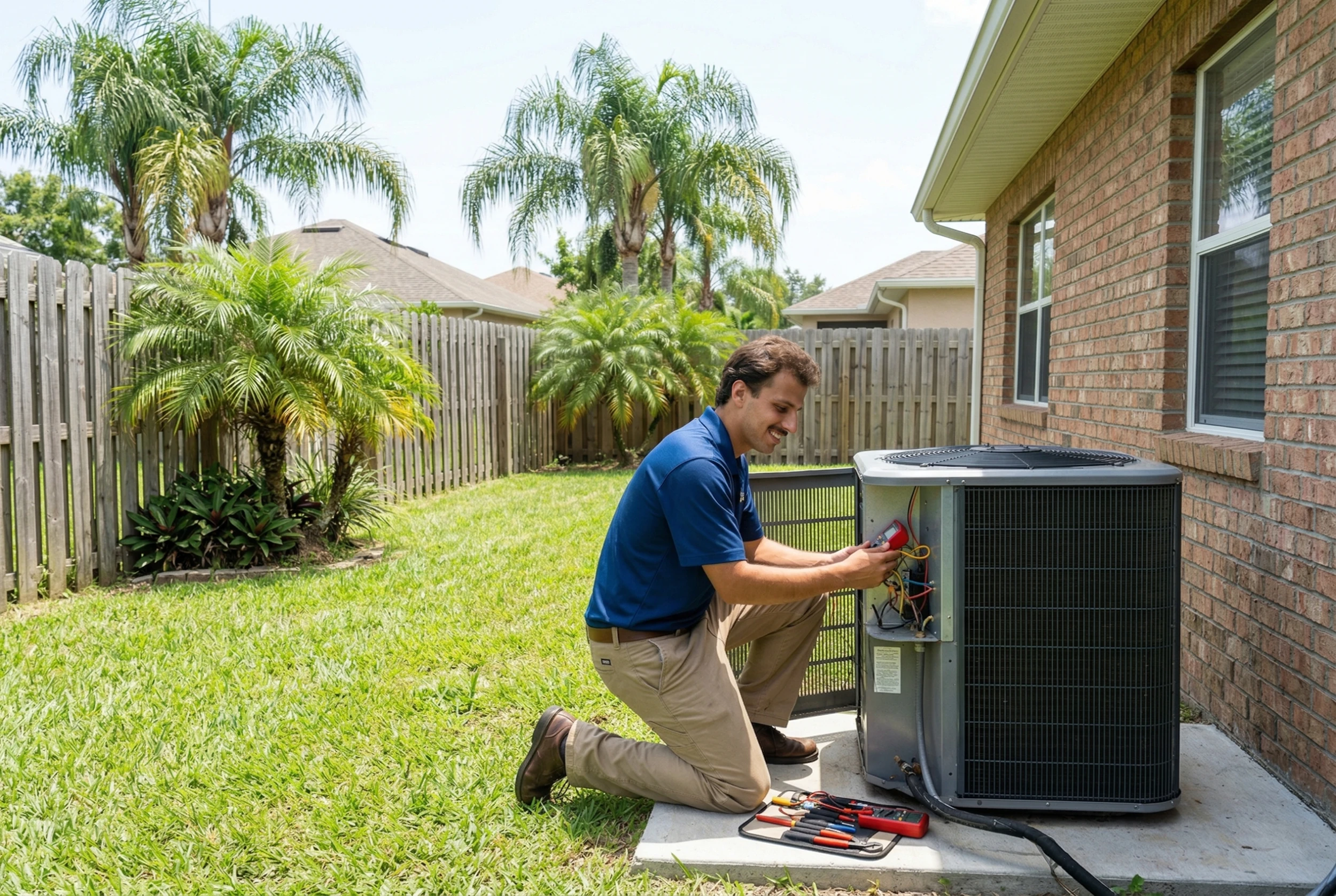 EagleAir HVAC technician beside a residential air conditioning unit in Florida