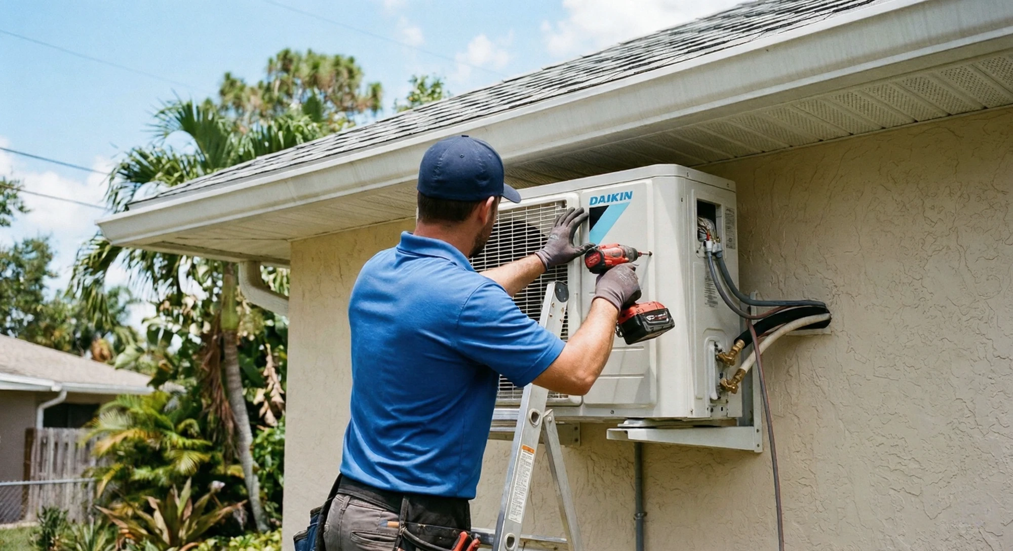 HVAC technician servicing an outdoor Daikin air conditioning unit