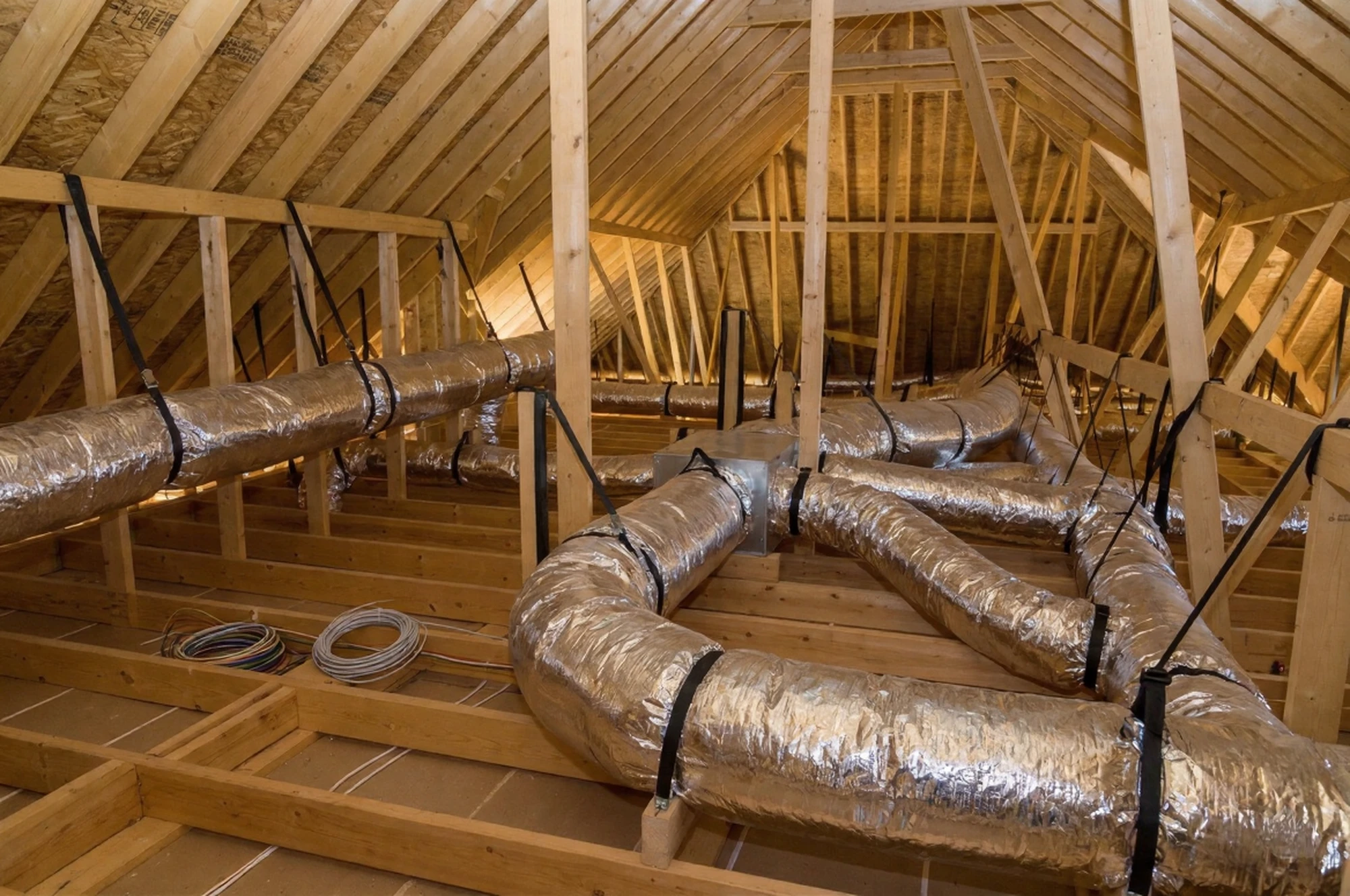 HVAC ductwork installation in a residential attic