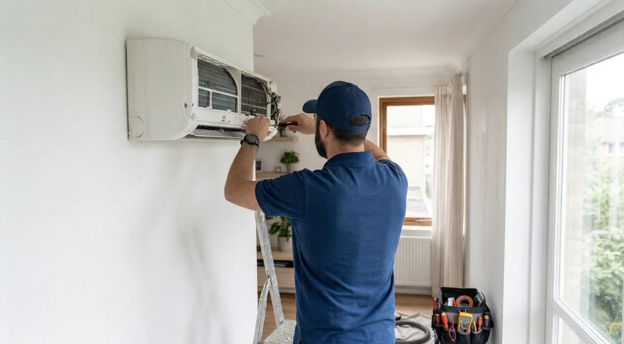 HVAC technician installing a Daikin mini-split system on an exterior wall